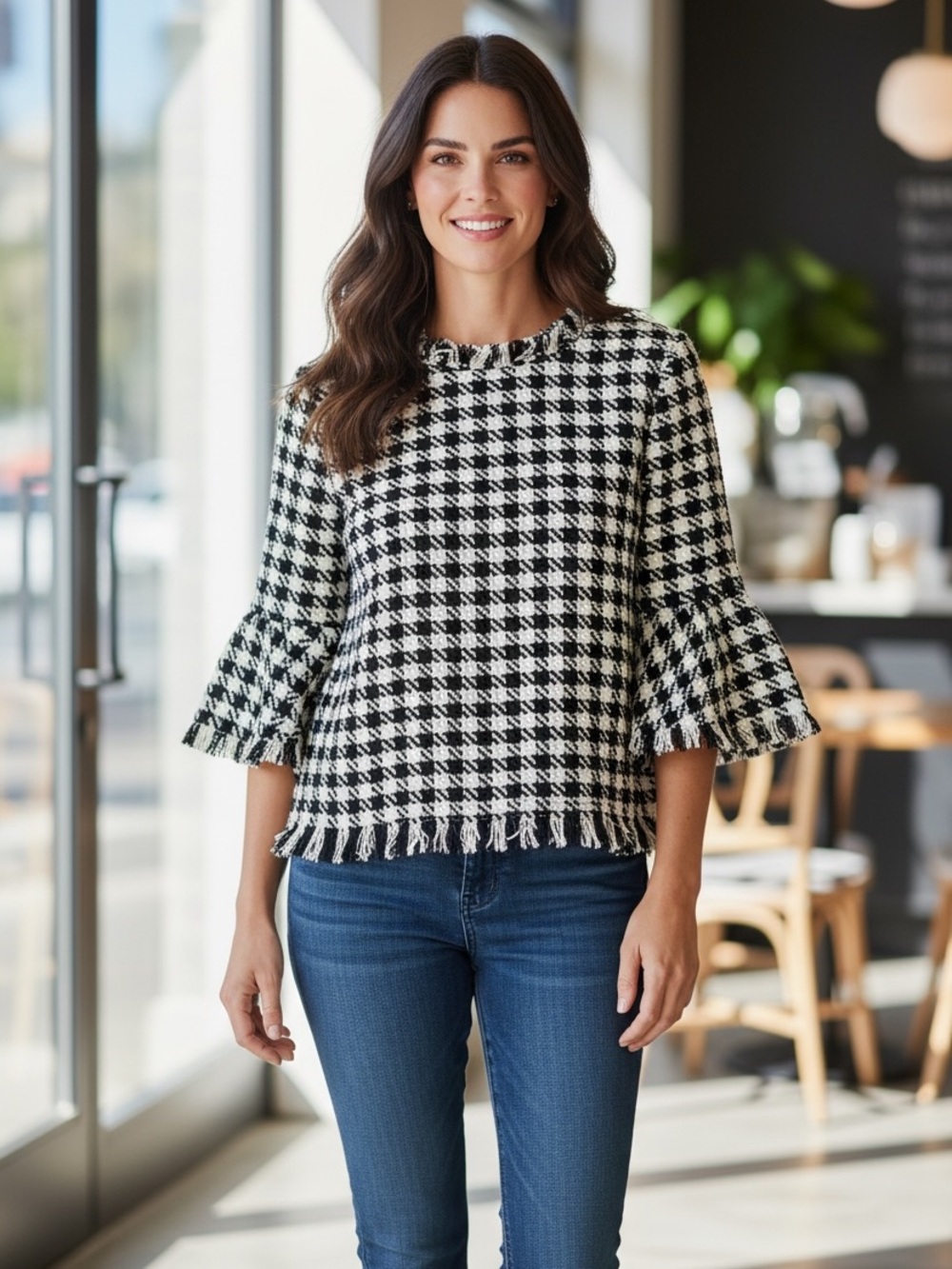 Miou Muse Black & White Houndstooth Bell Sleeve Sweater Top Size Small